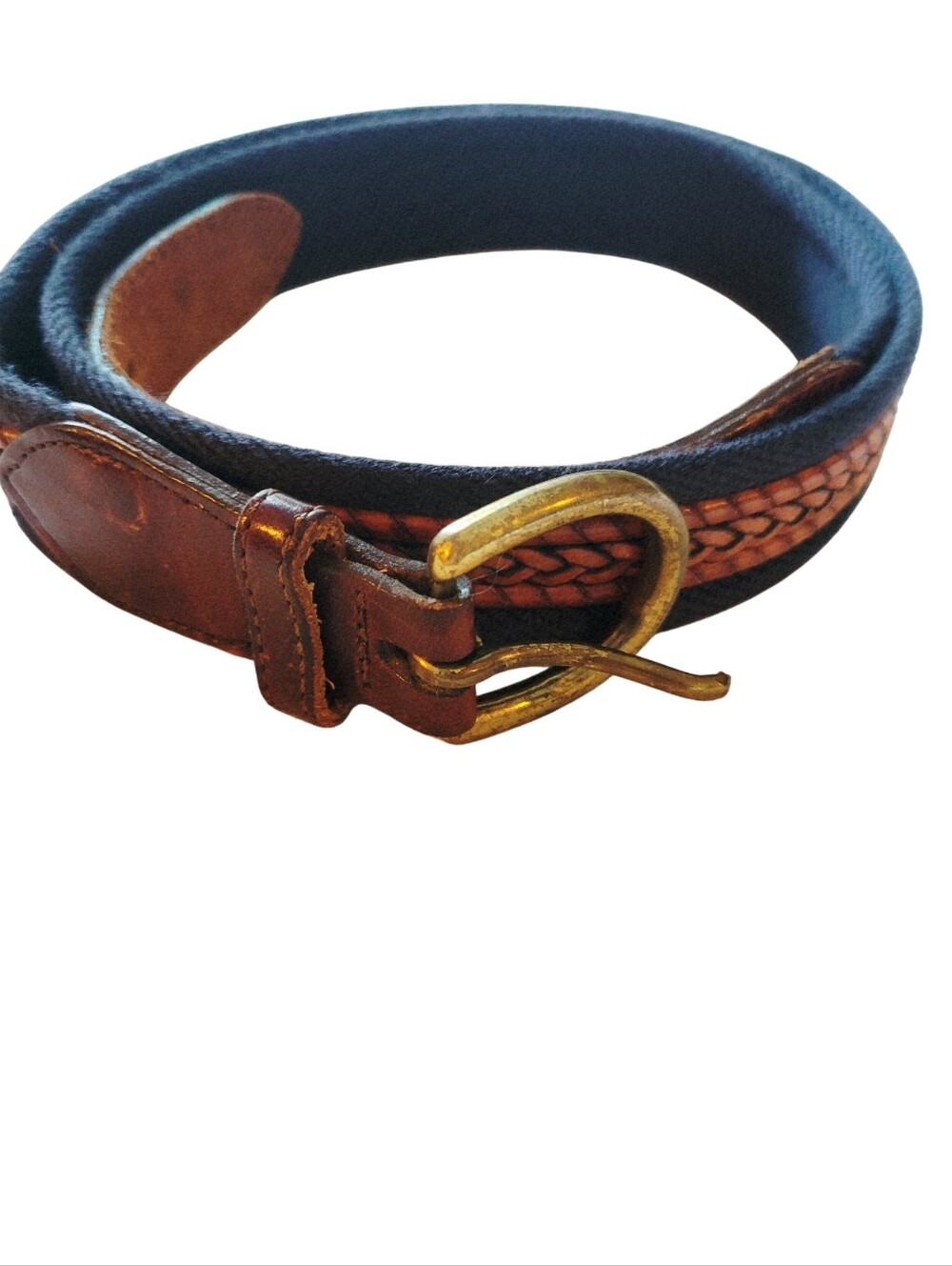 Vintage men’s navy blue canvas & Braided Cognac brown leather belt Brass Buckle